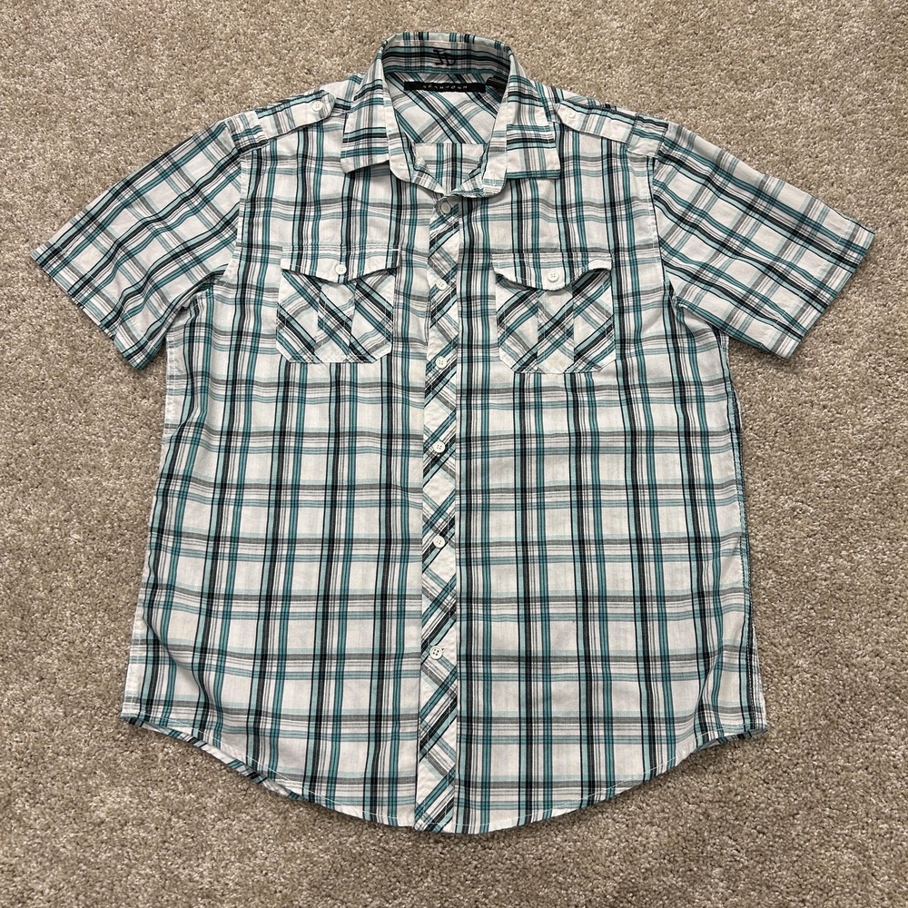Sean John Shirt Mens Large White Teal Plaid Short Sleeve Button Up Pockets